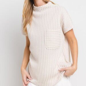 Beige Texture Mock Neck Short Sleeve Knit Top